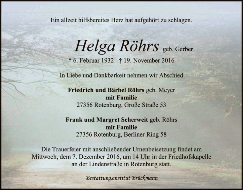  Traueranzeige für Helga Röhrs vom 23.11.2016 aus SYK