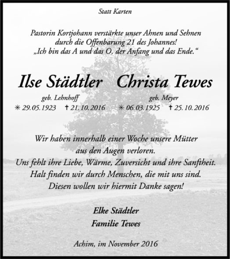  Traueranzeige für Ilse Städtler und Christa Tewes vom 26.11.2016 aus SYK