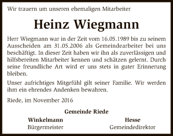 Traueranzeige von Heinz Wiegmann von SYK