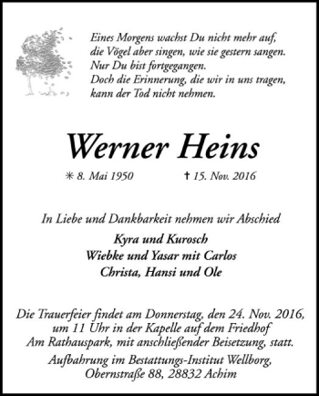 Traueranzeige von Werner Heins von SYK