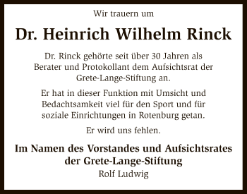 Traueranzeige von Heinrich Wilhelm Rinck von SYK