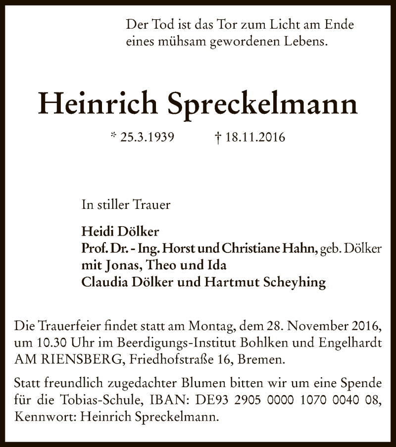  Traueranzeige für Heinrich Spreckelmann vom 23.11.2016 aus SYK