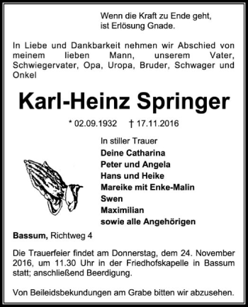 Traueranzeige von Karl-Heinz Springer von SYK