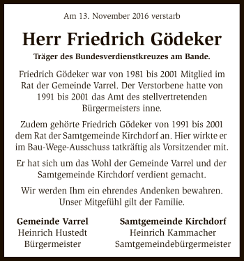 Traueranzeige von Friedrich Gödeker von SYK