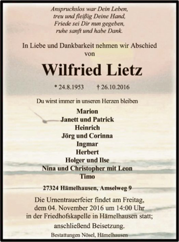 Traueranzeige von Wilfried Lietz von SYK