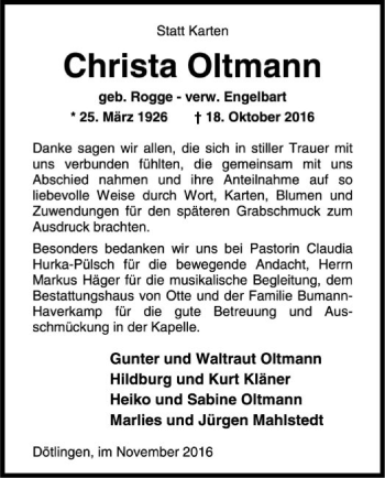 Traueranzeige von Christa Oltmann von SYK