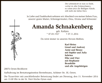 Traueranzeige von Amanda Schnakenberg von SYK