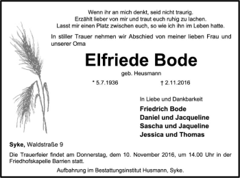 Traueranzeige von Elfriede Bode von SYK
