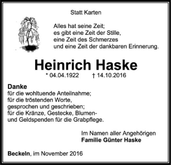 Traueranzeige von Heinrich Haske von SYK