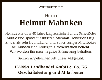 Traueranzeige von Helmut Mahnken von SYK