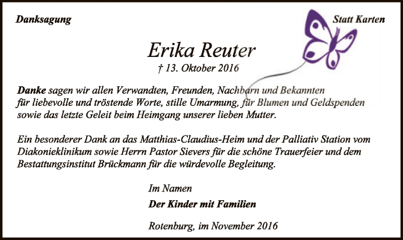 Traueranzeige für Erika Reuter vom 26.11.2016 aus SYK