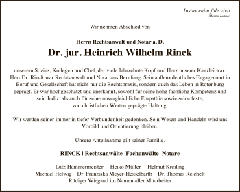 Traueranzeige von Heinrich Wilhelm Rinck von SYK