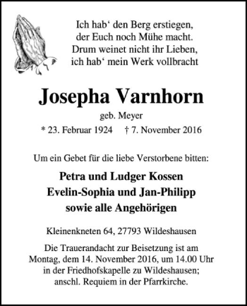Traueranzeige von Josepha Varnhorn von SYK