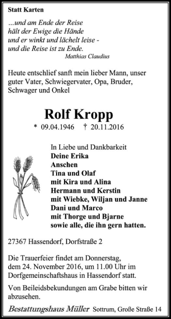 Traueranzeige von Rolf Kropp von SYK