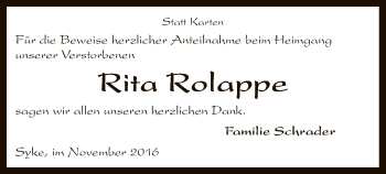 Traueranzeige von Rita Rolappe von SYK