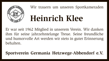 Traueranzeige von Heinrich Klee von SYK