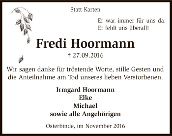 Traueranzeige von Fredi Hoormann von SYK