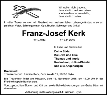 Traueranzeige von Franz-Josef Kerk von SYK