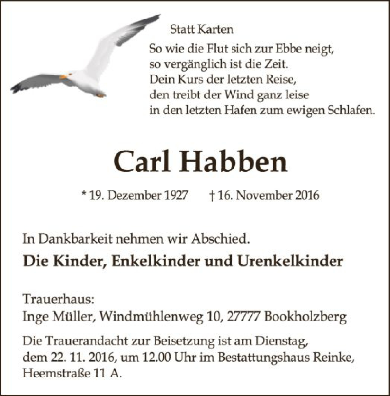  Traueranzeige für Carl Habben vom 19.11.2016 aus SYK