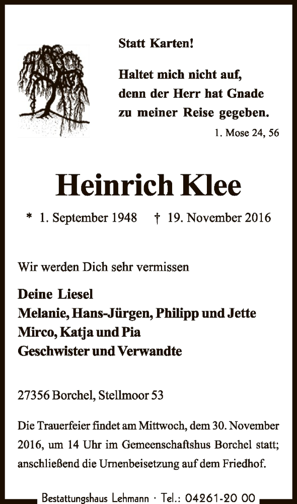  Traueranzeige für Heinrich Klee vom 22.11.2016 aus SYK