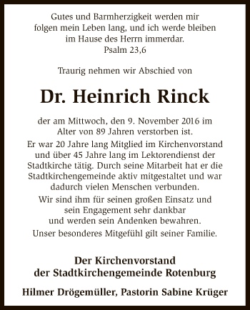 Traueranzeige von Heinrich Wilhelm Rinck von SYK