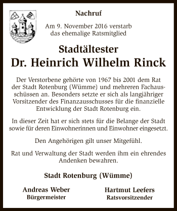 Traueranzeige von Heinrich Wilhelm Rinck von SYK