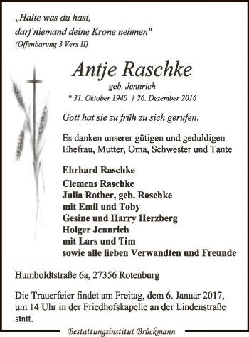 Traueranzeige von Antje Raschke von SYK