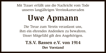 Traueranzeige von Uwe Apmann von SYK