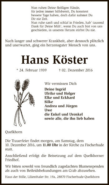 Traueranzeige von Hans Köster von SYK