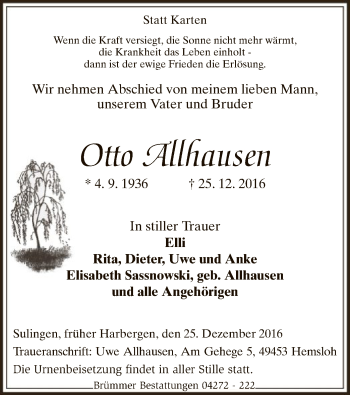 Traueranzeige von Otto Allhausen von SYK