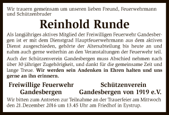 Traueranzeige von Reinhold Runde von SYK