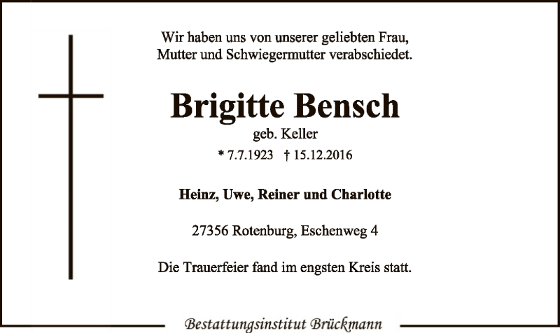  Traueranzeige für Brigitte Bensch vom 23.12.2016 aus SYK