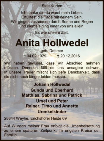 Traueranzeige von Anita Hollwedel von SYK