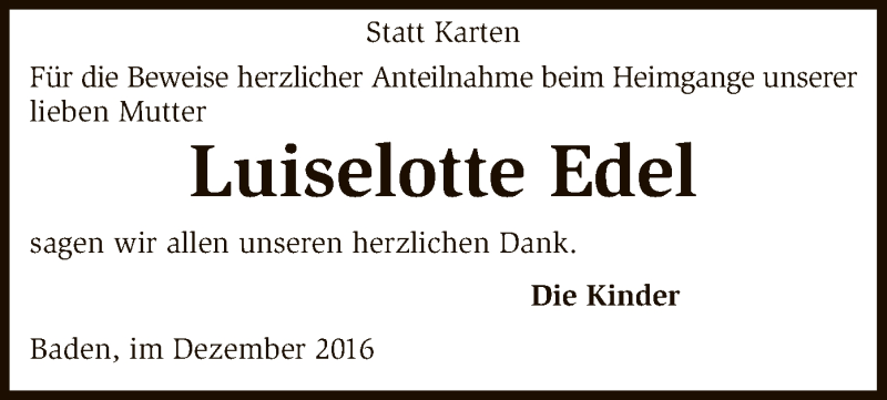  Traueranzeige für Luiselotte Edel vom 10.12.2016 aus SYK