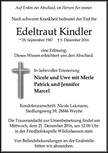 Traueranzeige von Edeltraut Kindler von SYK