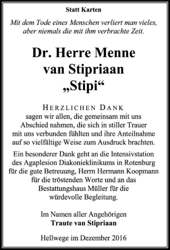 Traueranzeige von Herre Menne van Stipriaan von SYK