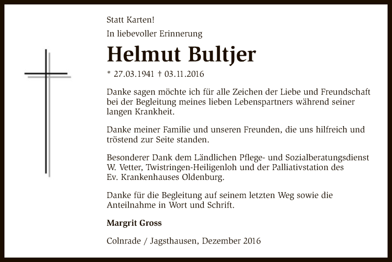  Traueranzeige für Helmut Bultjer vom 17.12.2016 aus SYK