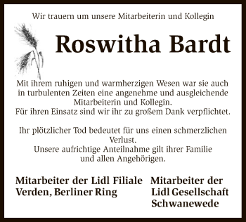 Traueranzeige von Roswitha Bardt von SYK