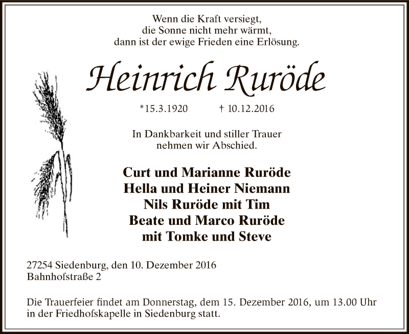 Traueranzeige für Heinrich Ruröde vom 12.12.2016 aus SYK