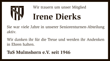 Traueranzeige von Irene Dierks von SYK