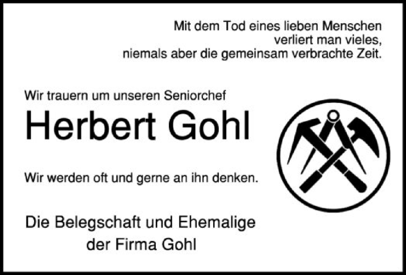  Traueranzeige für Herbert Gohl vom 29.12.2016 aus SYK
