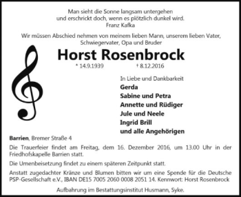 Traueranzeige von Horst Rosenbrock von SYK