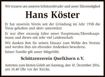 Traueranzeige von Hans Köster von SYK