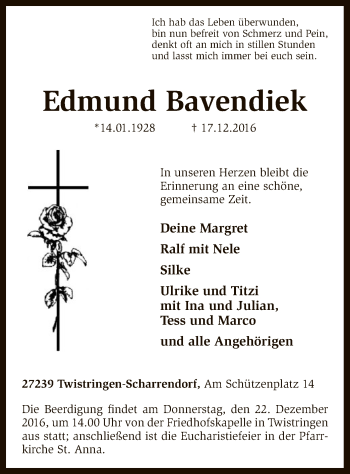 Traueranzeige von Edmund Bavendiek von SYK