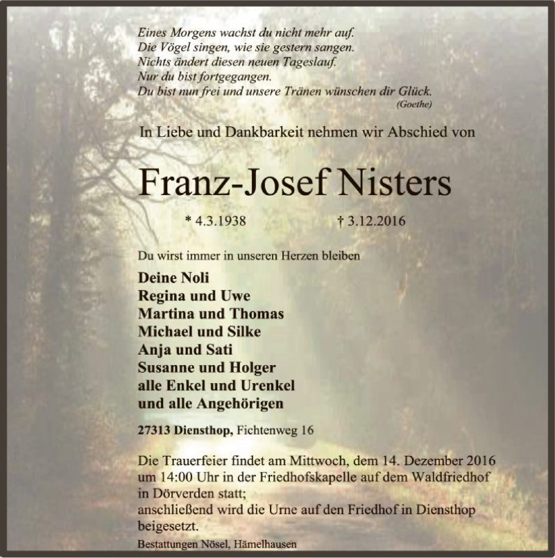  Traueranzeige für Franz-Josef Nisters vom 10.12.2016 aus SYK