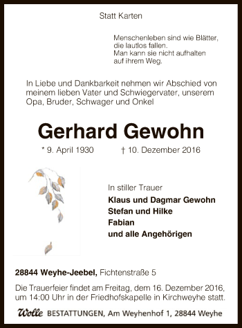 Traueranzeige von Gerhard Gewohn von SYK