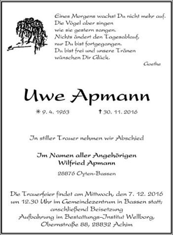 Traueranzeige von Uwe Apmann von SYK