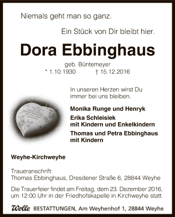 Traueranzeige von Dora Ebbinghaus von SYK