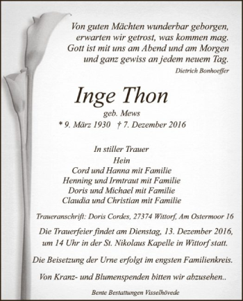 Traueranzeige von Inge Thon von SYK