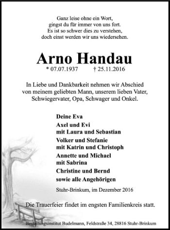 Traueranzeige von Arno Handau von SYK